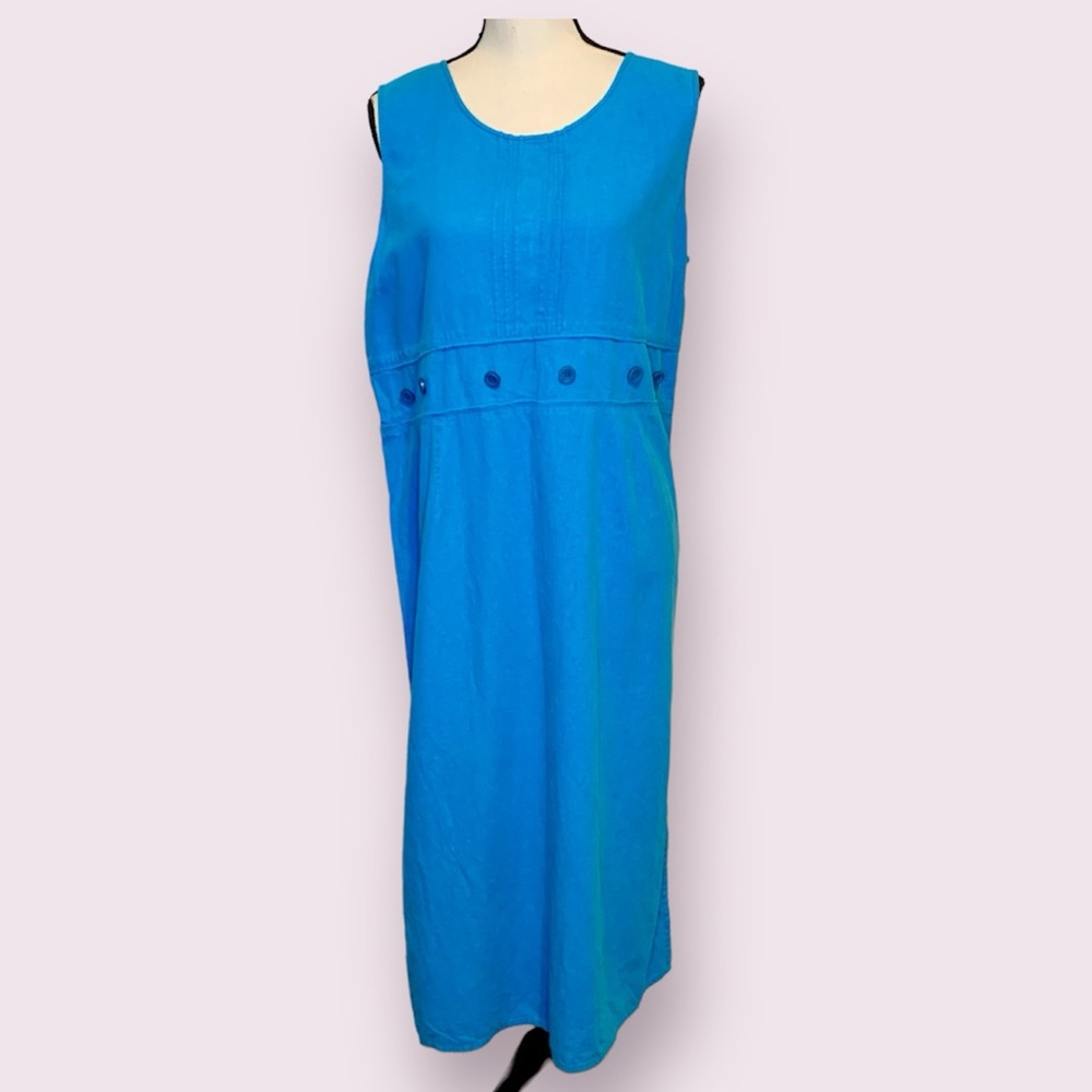 Vintage Country Wear Casuals Linen Blend Sleeveless  Maxi Jumper Dress Blue 1X